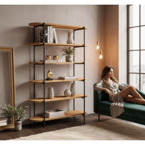 REGAŁ NA KSIĄŻKI 6 POZIOMOWY METALOWY DREWNO LITE DĄB JESION OLCHA  RNK-192